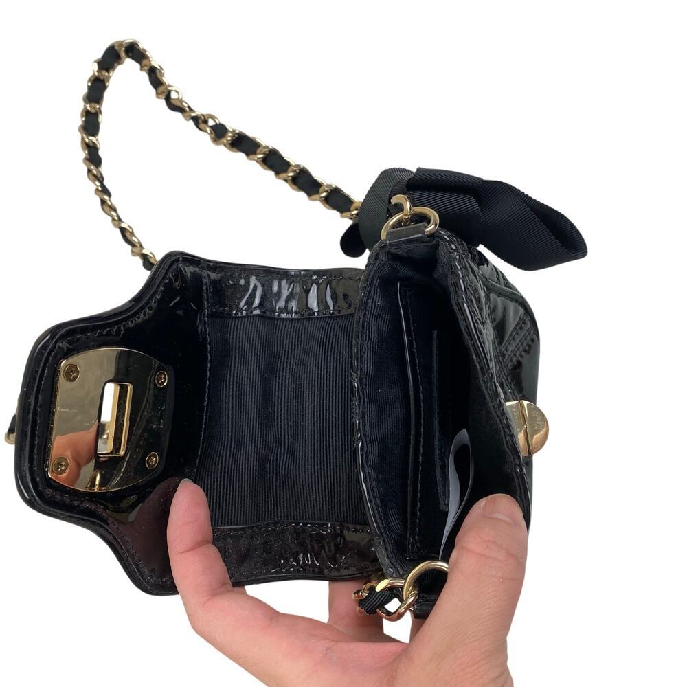 Talbots Black Quilted Leather Crossbody Bag Gold Chain Strap Bow Patent Finish - Picture 4 of 9